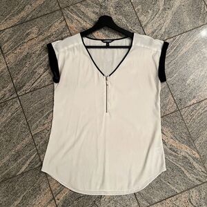 Express V-Neck Blouse in White with Black Trim